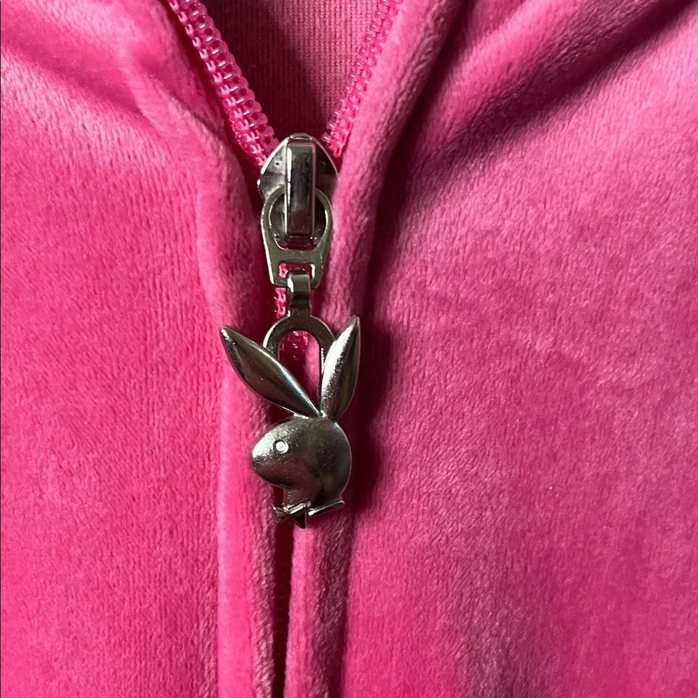 PLAYBOY Pink Velour Full Zip Hoodie Rhinestone Bunny Logo Size Small - Picture 5 of 9